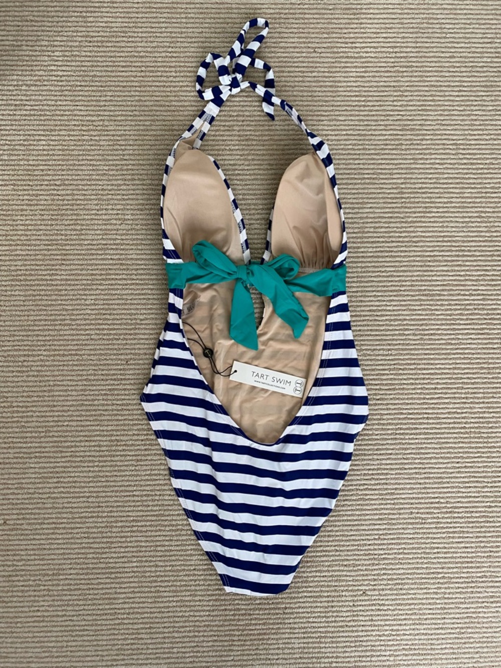 NWT Tart One-Piece Swimsuit Navy & White Stripe w/ Teal Band Nautical Coastal XS - Picture 3 of 5